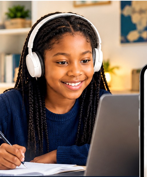 Black tutor guiding a student through focused online academic learning at home